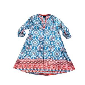 Women's Boho 70's Dress  1 X Knee Length Orang & Blue  Print